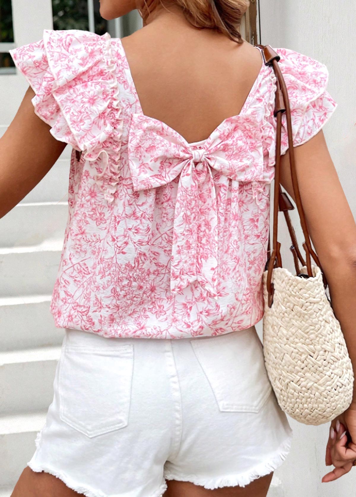 Pink tops,Floral tops,Plants tops,ROTITA Floral Print Pink Square Neck Short Sleeve T Shirt
