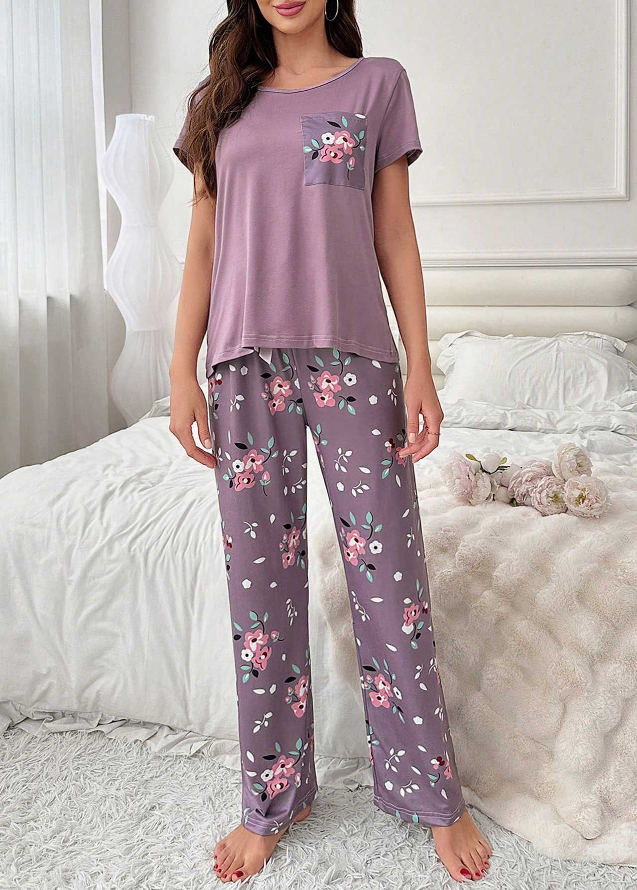 Purple loungewear,Floral loungewear,Plants loungewear,Floral Print Purple Round Neck Lounge Top and Pants