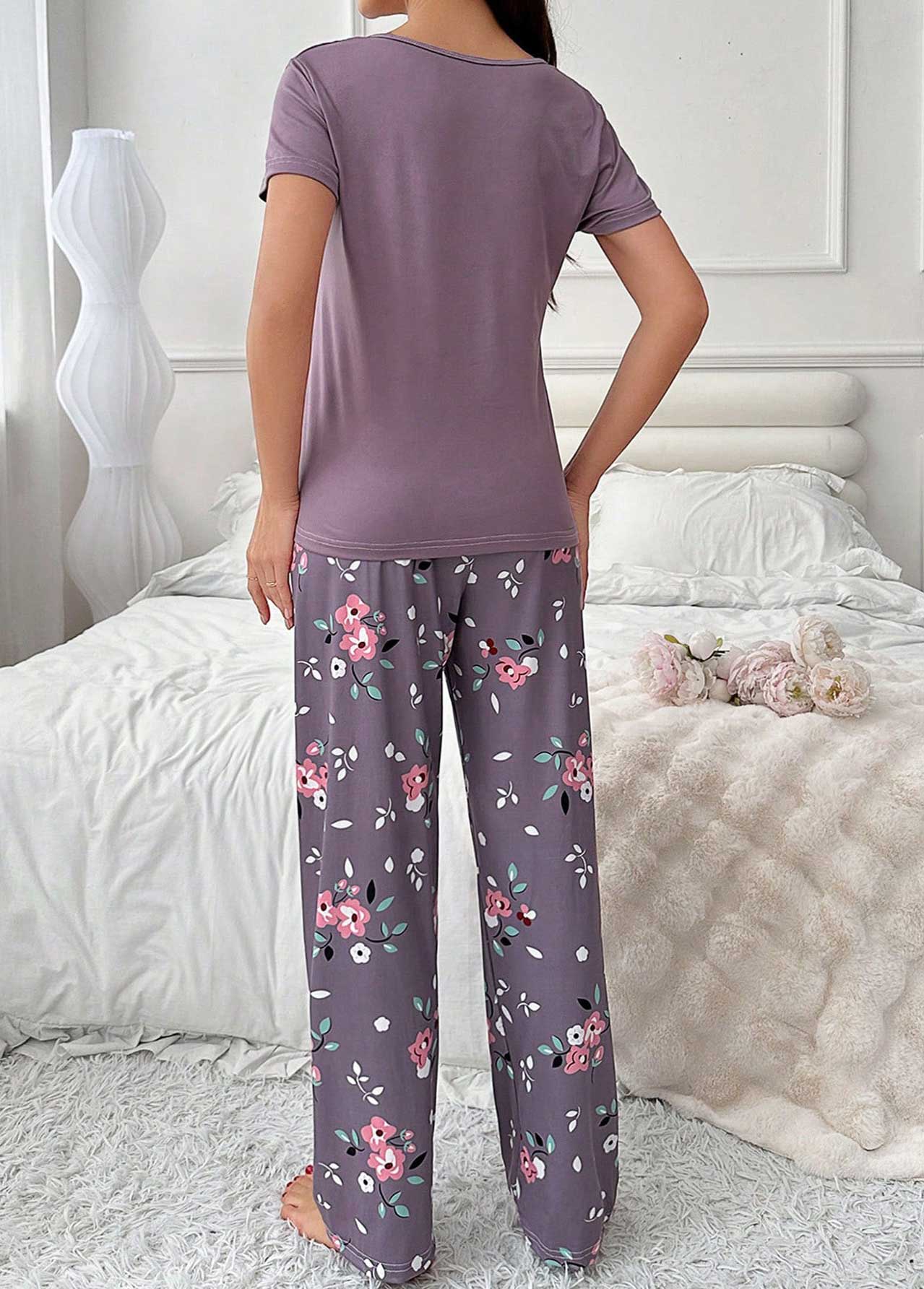 Purple loungewear,Floral loungewear,Plants loungewear,Floral Print Purple Round Neck Lounge Top and Pants