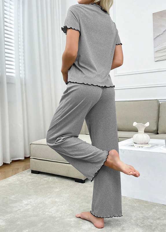 Light Grey loungewear,Contrast Color loungewear,Light Grey V Neck Lounge Top and Pants