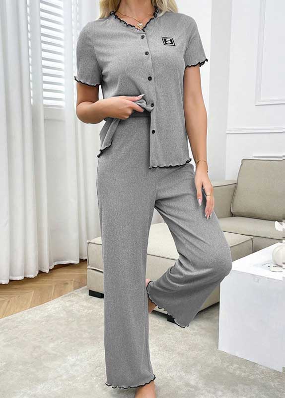 Light Grey loungewear,Contrast Color loungewear,Light Grey V Neck Lounge Top and Pants