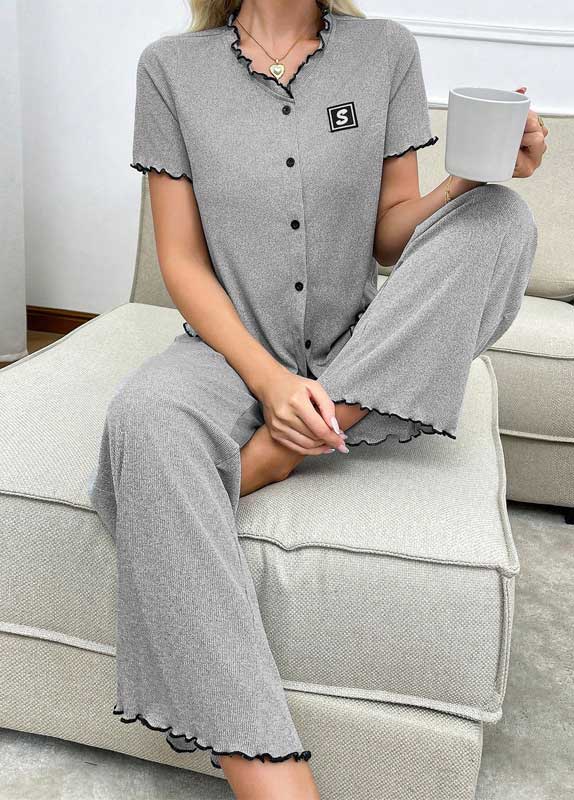 Light Grey loungewear,Contrast Color loungewear,Light Grey V Neck Lounge Top and Pants