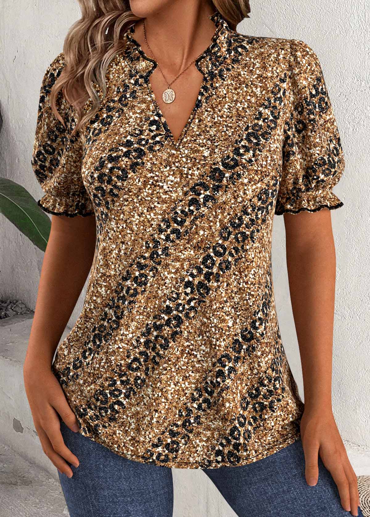 Dark Coffee tops,Leopard tops,Animal Print tops,ROTITA Leopard Dark Coffee Split Neck Short Sleeve Blouse