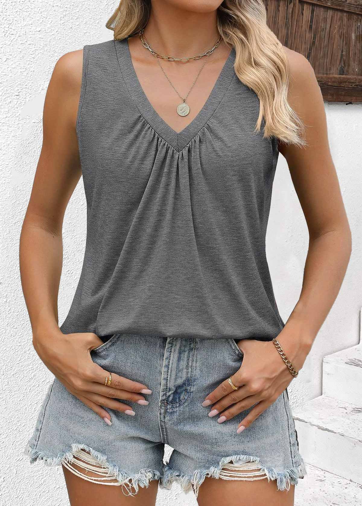 Grey tops,Plain Color tops,ROTITA Grey V Neck Sleeveless Tank Top