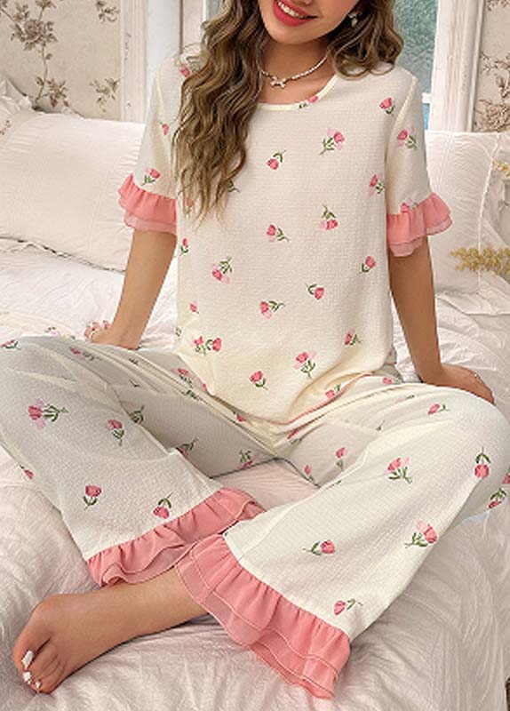 Pink loungewear,Floral loungewear,Plants loungewear,Floral Print Pink Round Neck Lounge Top and Pants