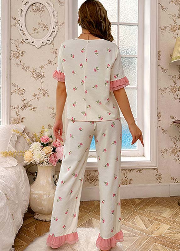 Pink loungewear,Floral loungewear,Plants loungewear,Floral Print Pink Round Neck Lounge Top and Pants