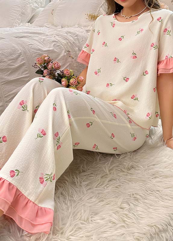 Pink loungewear,Floral loungewear,Plants loungewear,Floral Print Pink Round Neck Lounge Top and Pants