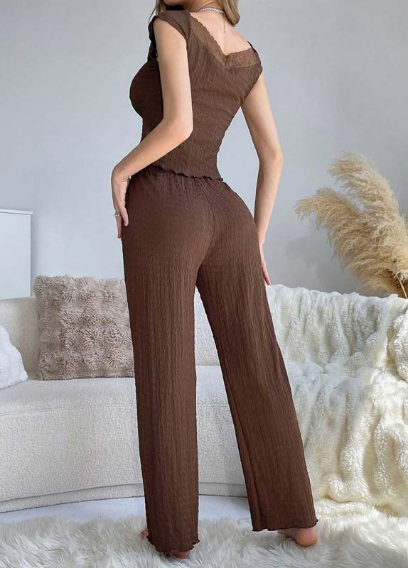 Dark Coffee loungewear,Plain Color loungewear,Dark Coffee V Neck Sleeveless Lounge Top and Pants