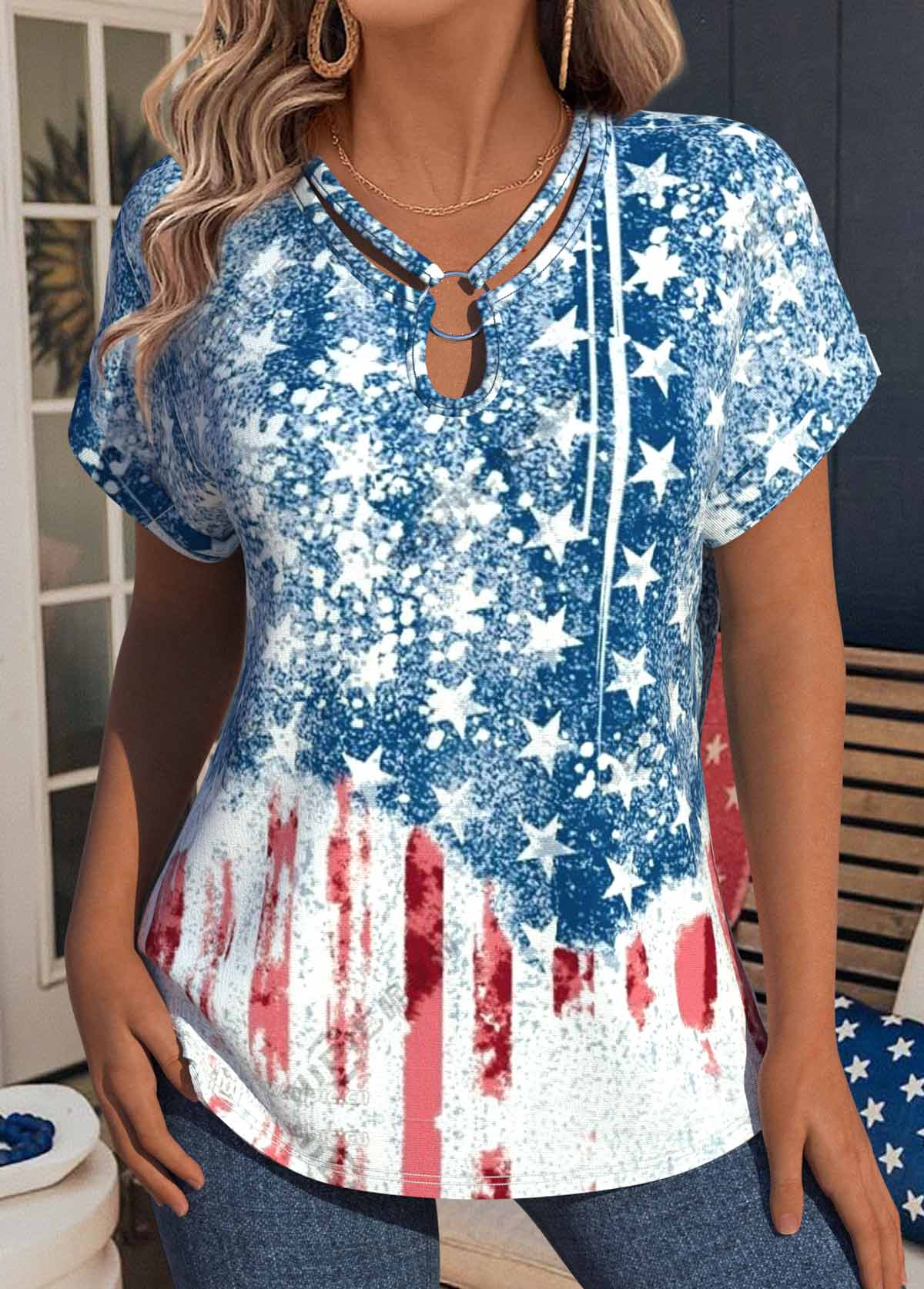 Blue tops,Flag tops,ROTITA Flag Print Blue V Neck Short Sleeve T Shirt