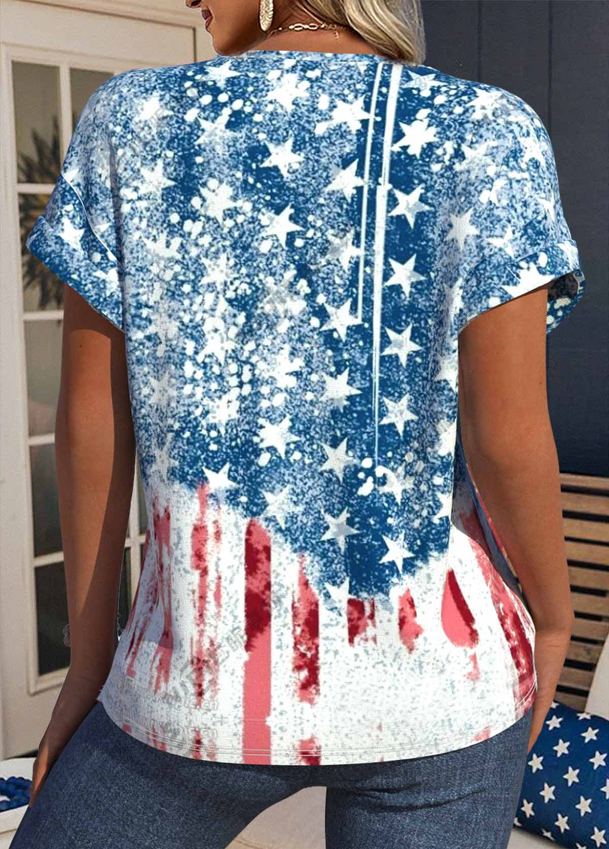 Blue tops,Flag tops,ROTITA Flag Print Blue V Neck Short Sleeve T Shirt