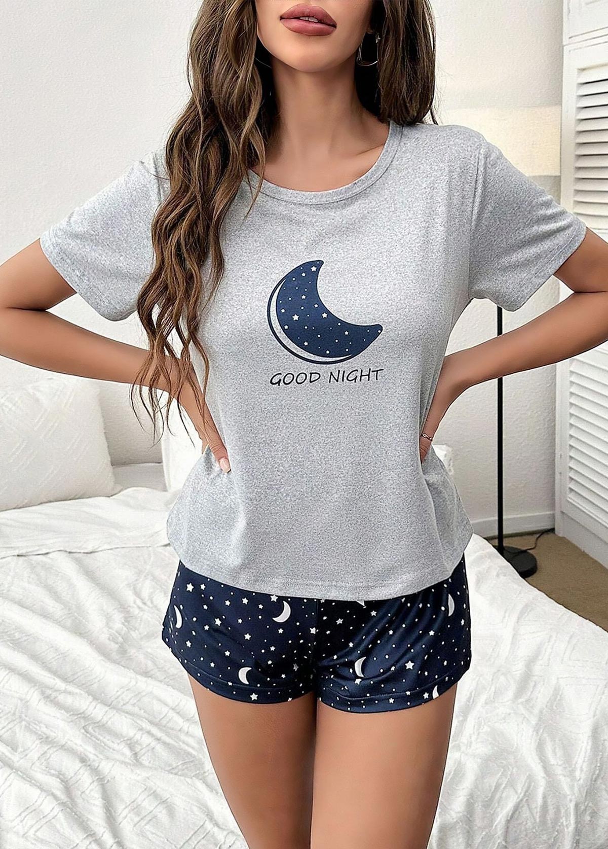 Grey loungewear,Galaxy loungewear,Star Print Grey Round Neck Lounge Top and Shorts