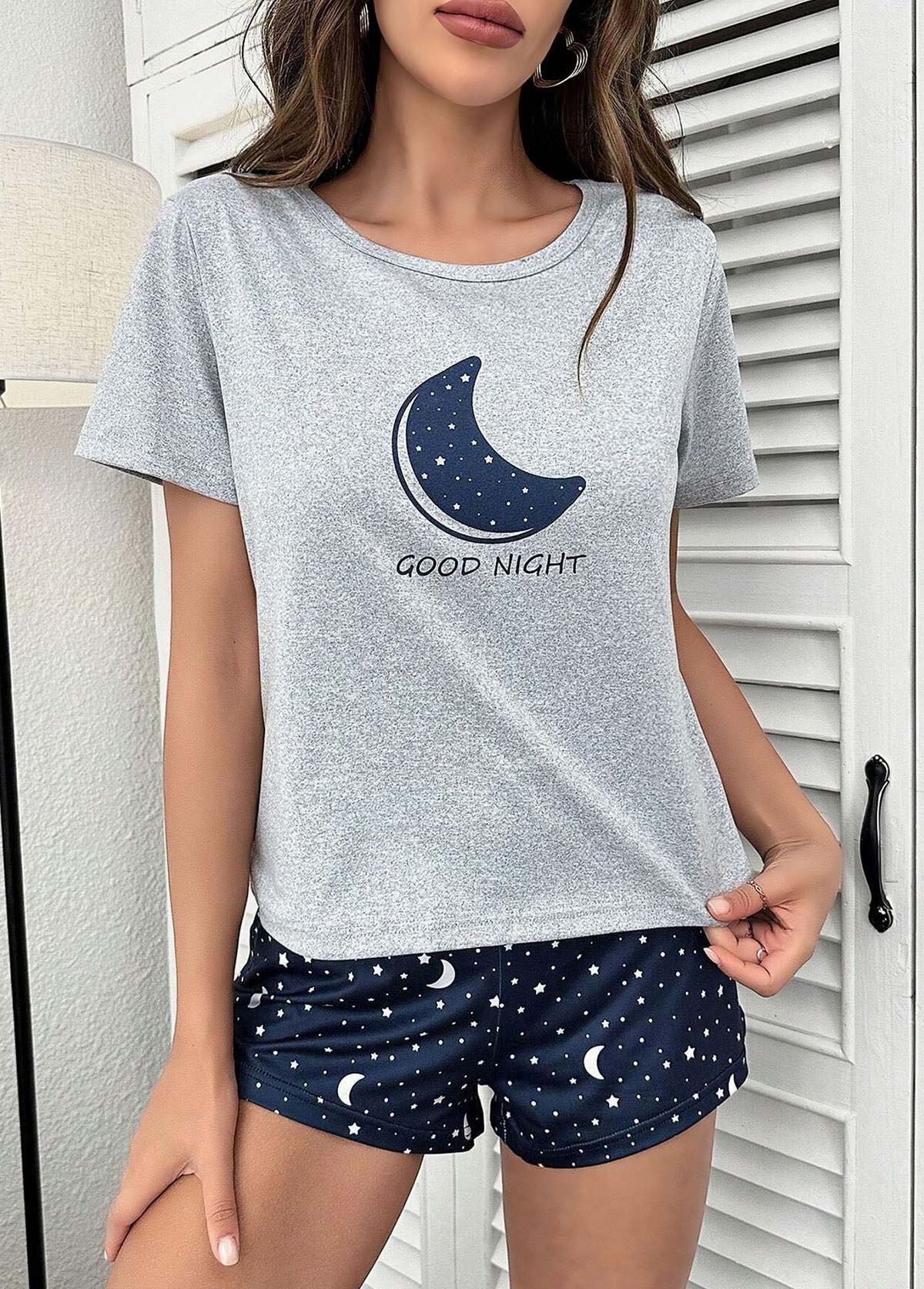 Grey loungewear,Galaxy loungewear,Star Print Grey Round Neck Lounge Top and Shorts