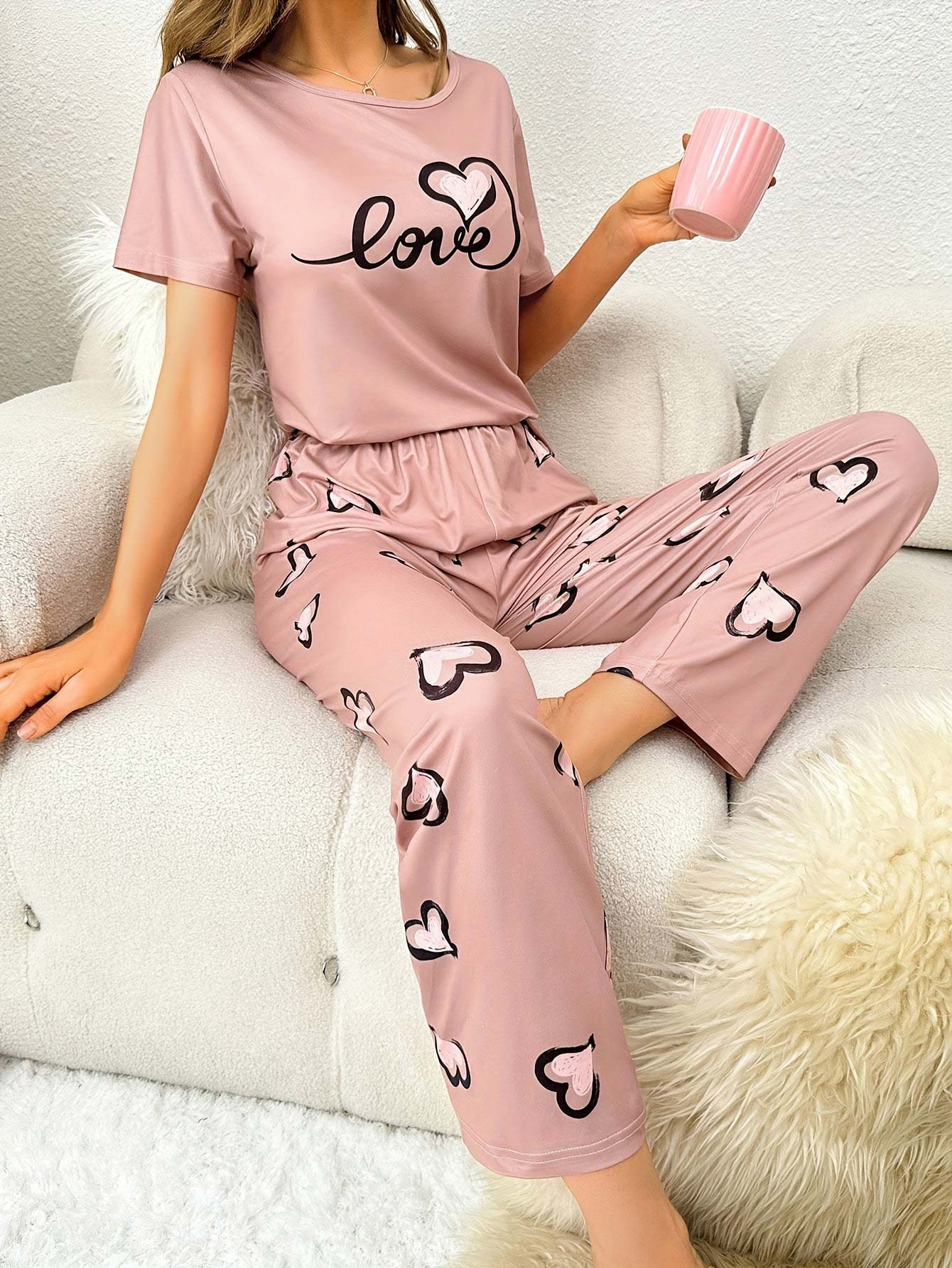 Pink loungewear,Heart loungewear,Heart Print Pink Round Neck Lounge Top and Pants