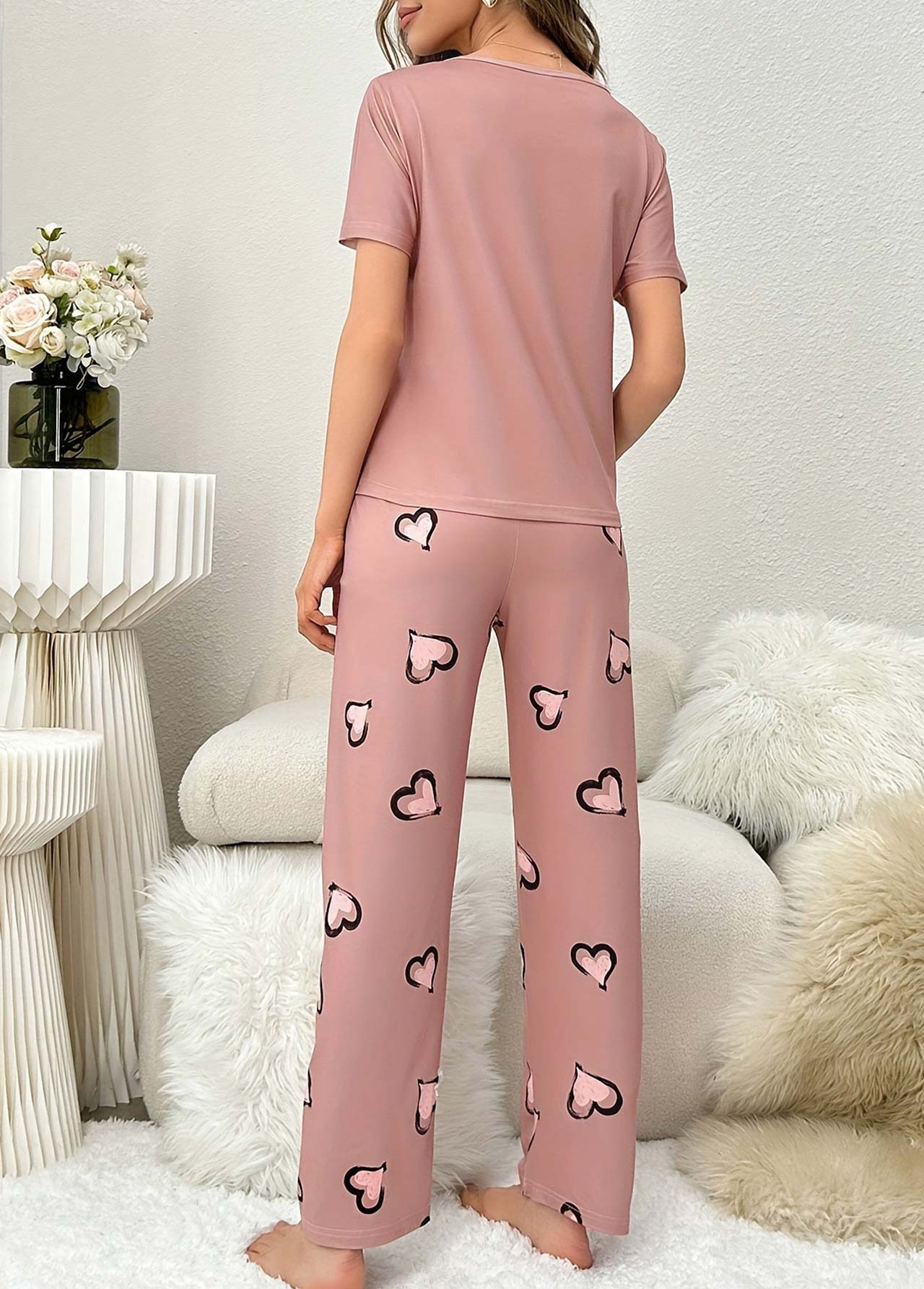 Pink loungewear,Heart loungewear,Heart Print Pink Round Neck Lounge Top and Pants