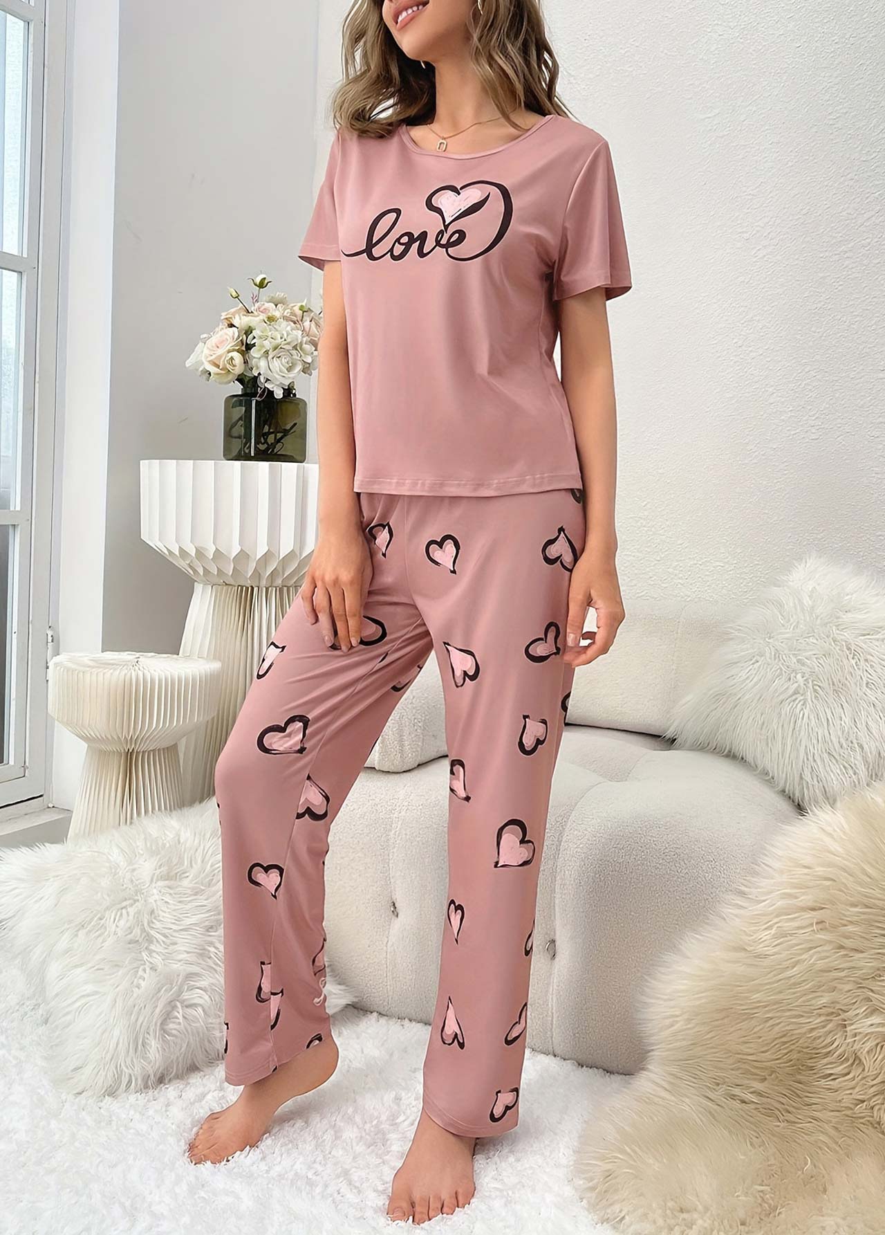 Pink loungewear,Heart loungewear,Heart Print Pink Round Neck Lounge Top and Pants