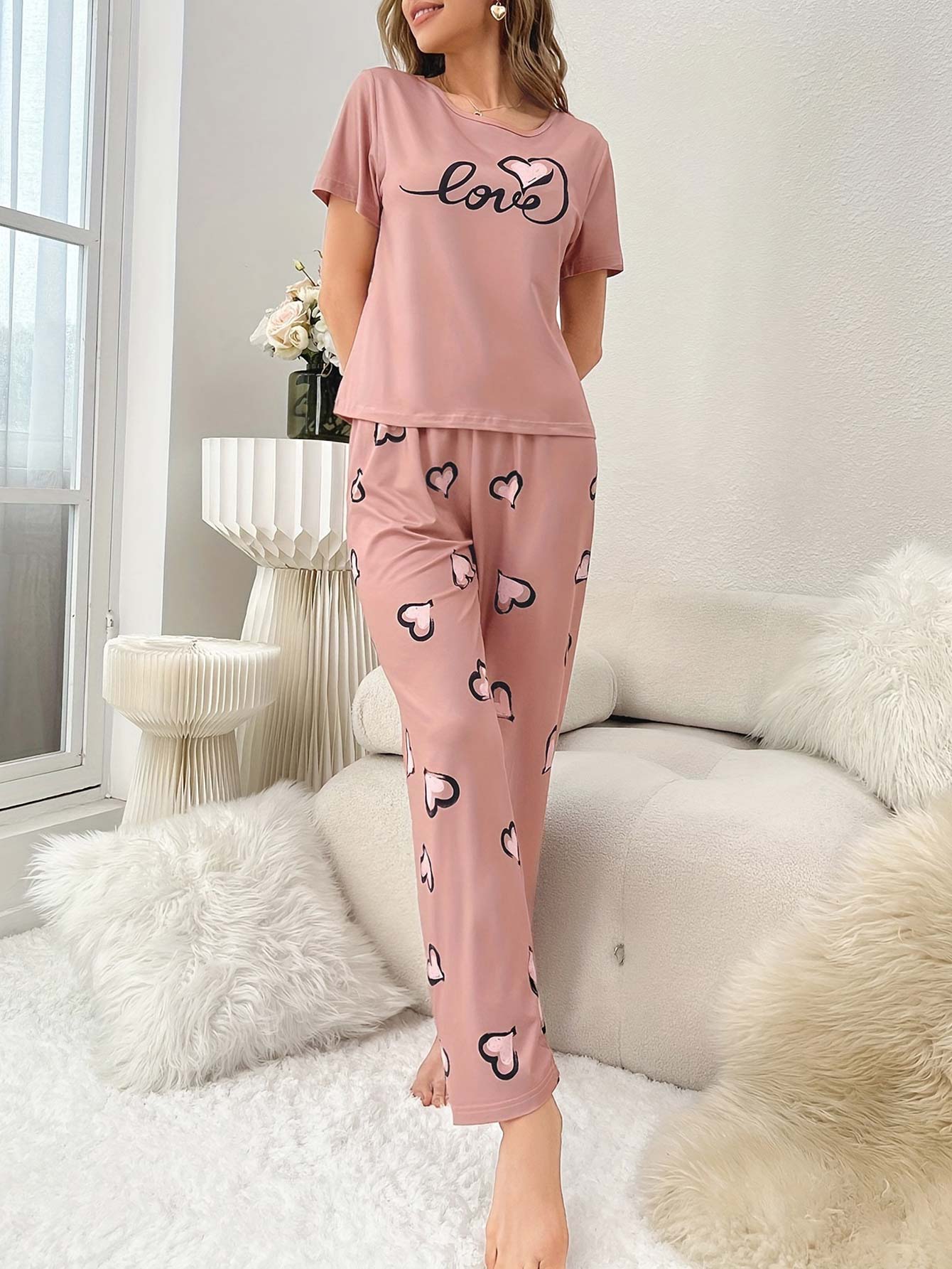 Pink loungewear,Heart loungewear,Heart Print Pink Round Neck Lounge Top and Pants