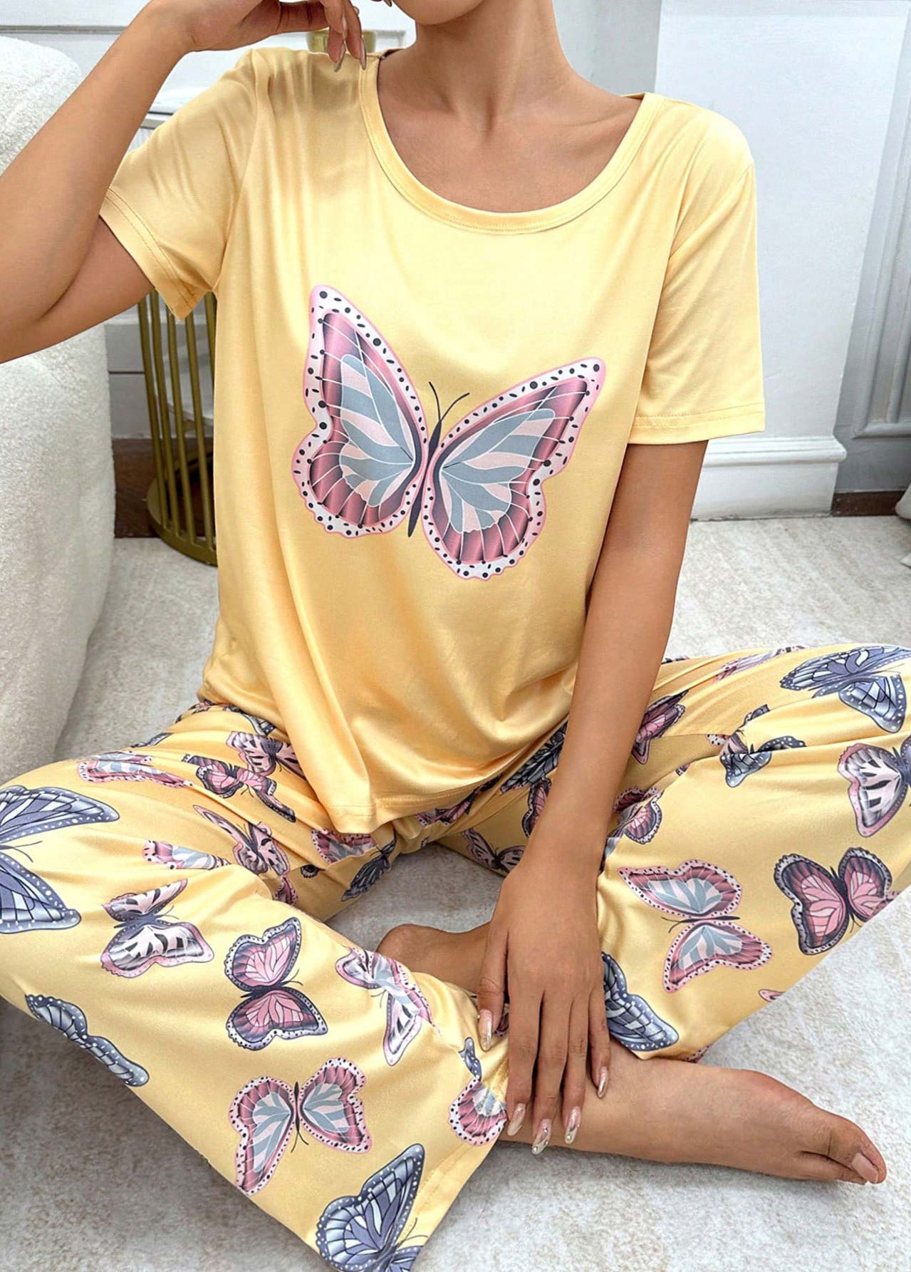 Yellow loungewear,Animal Print loungewear,Animal Print Yellow Round Neck Lounge Top and Pants