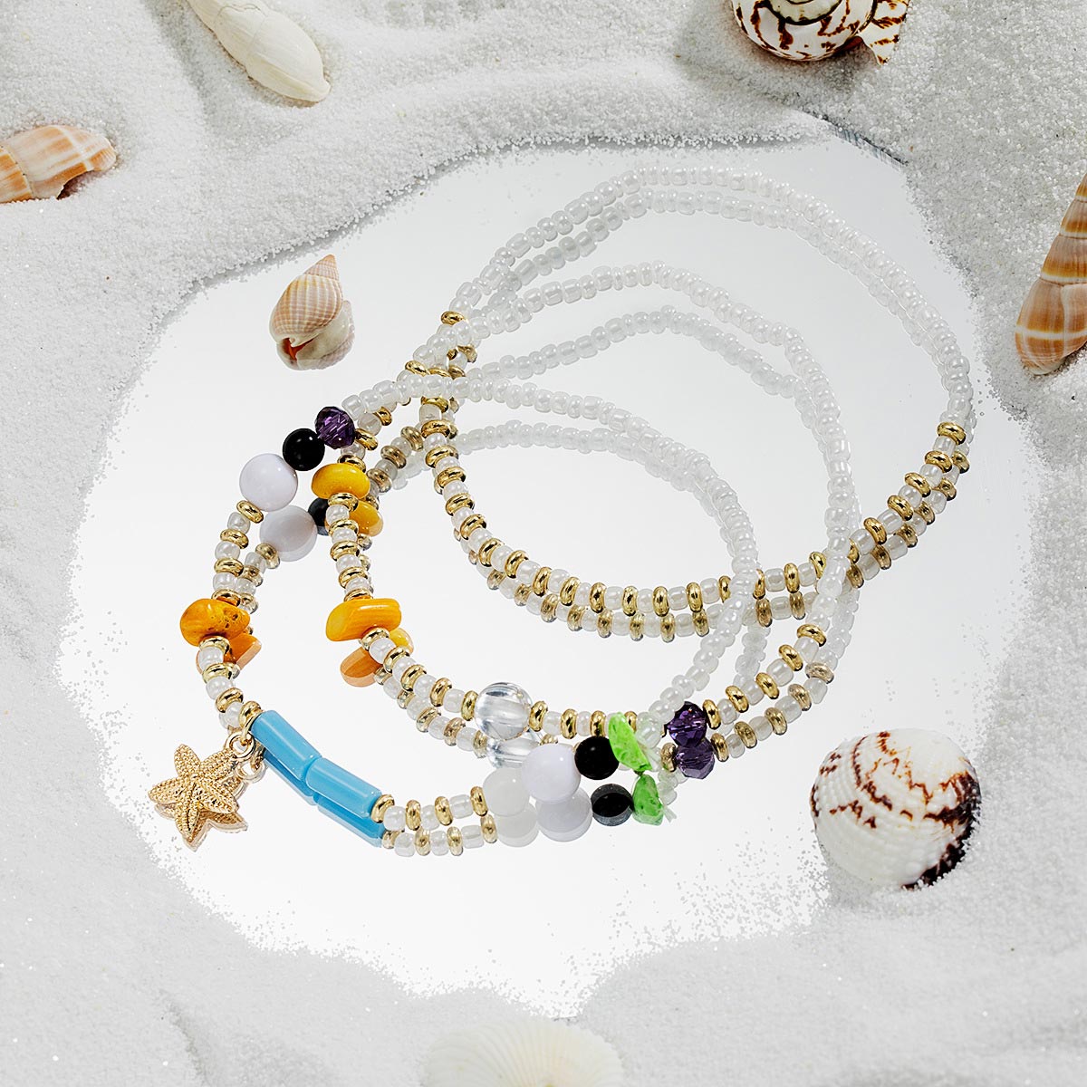 Golden jewelry,Animal Print jewelry,Golden Polyresin Starfish Beaded Anklet Set