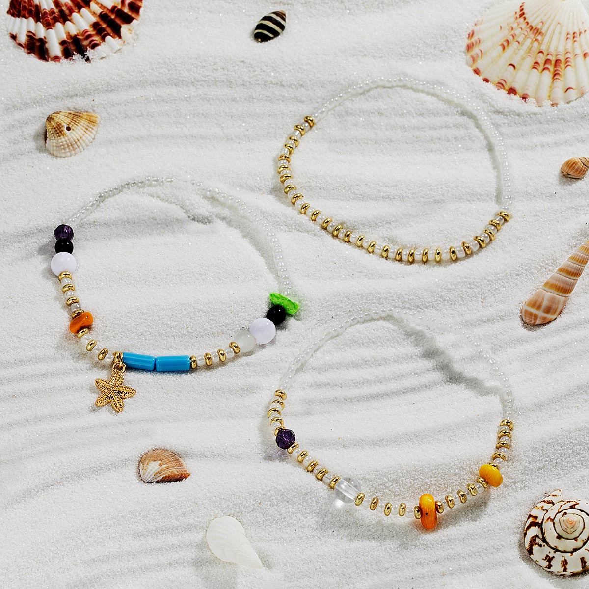 Golden jewelry,Animal Print jewelry,Golden Polyresin Starfish Beaded Anklet Set