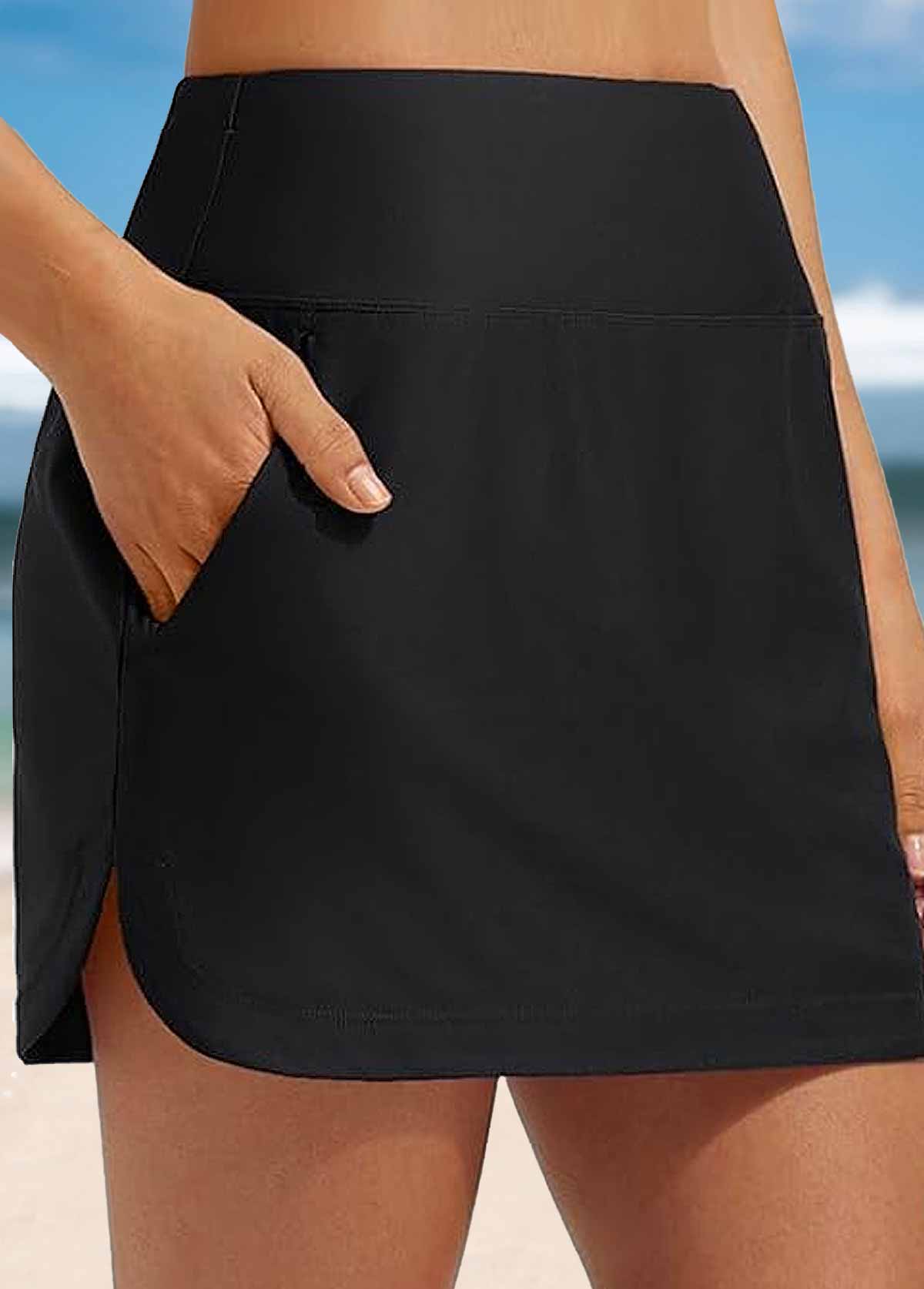 Black swimwear,Plain Color swimwear,ROTITA High Waisted Black Wide Waistband Pantskirt