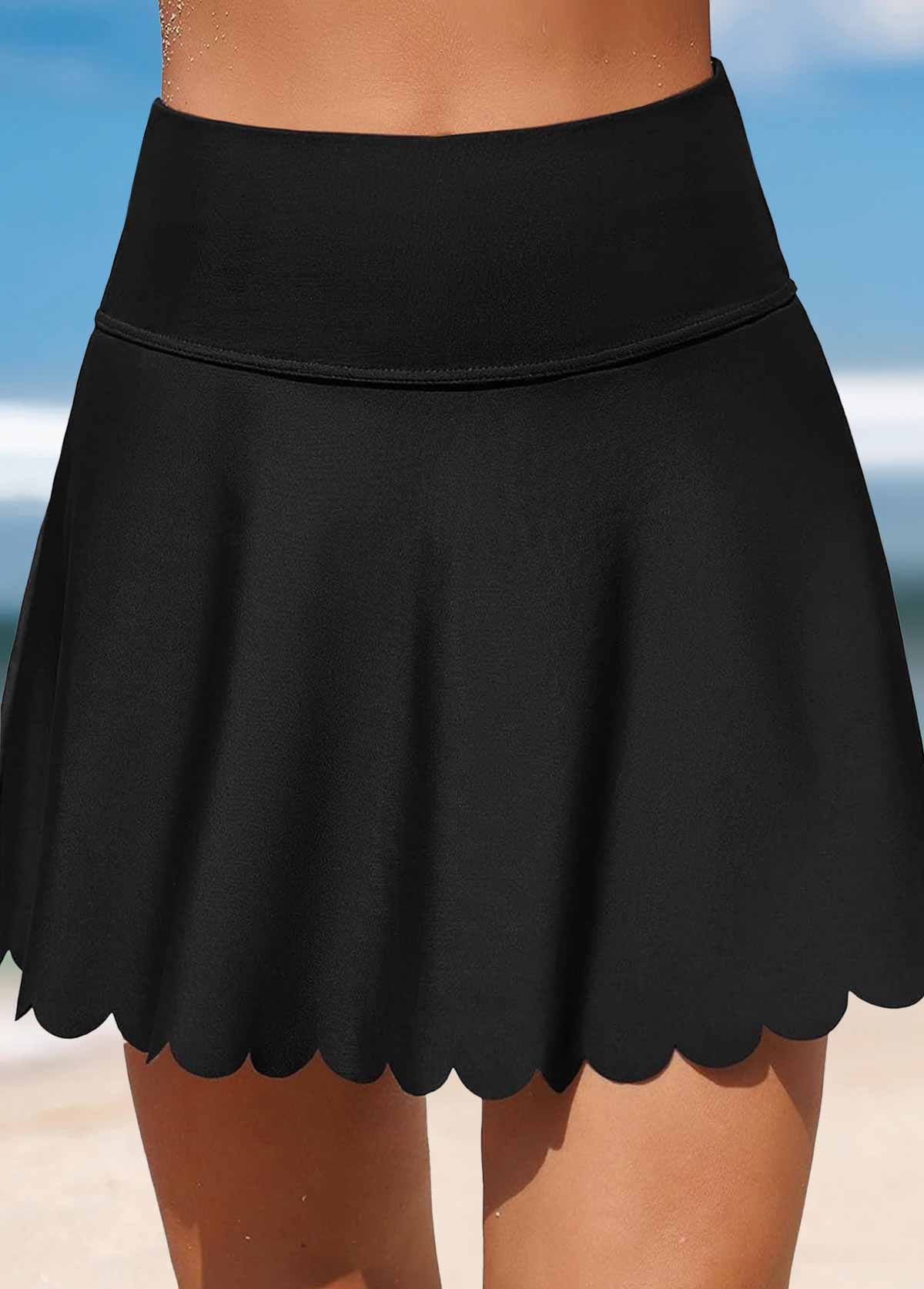 Black swimwear,Plain Color swimwear,ROTITA Black High Waisted Scalloped Hem Swim Skirt