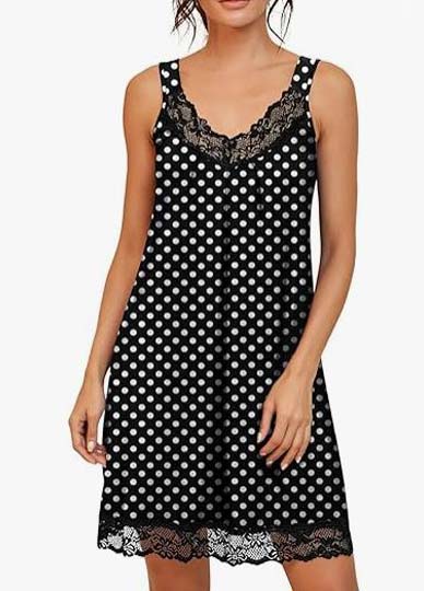Black loungewear,Dot loungewear,Polka Dot Black V Neck Sleeveless Nightdress