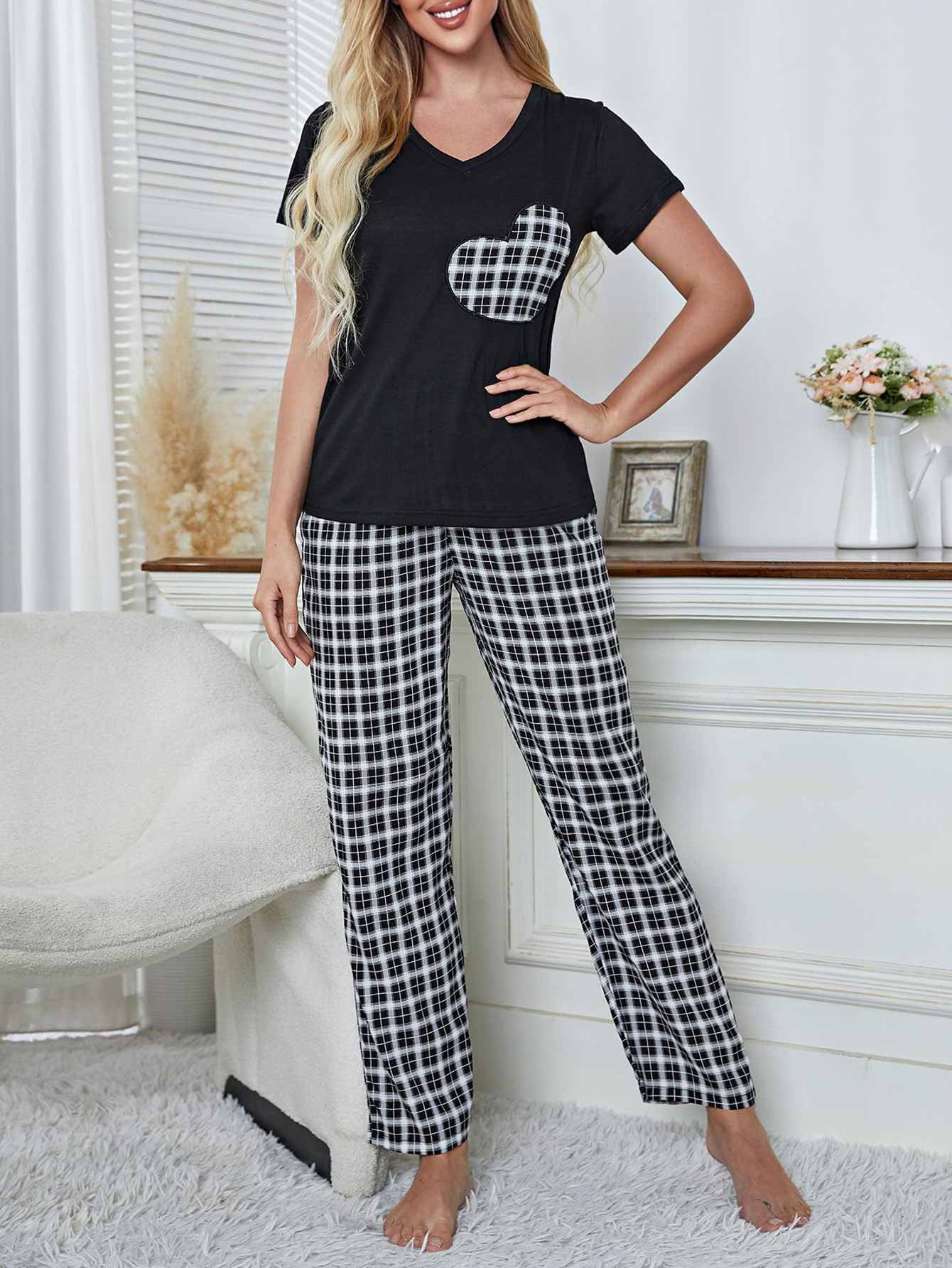 Black loungewear,Plaid loungewear,Geometric loungewear,Plaid Black Round Neck Lounge Top and Pants