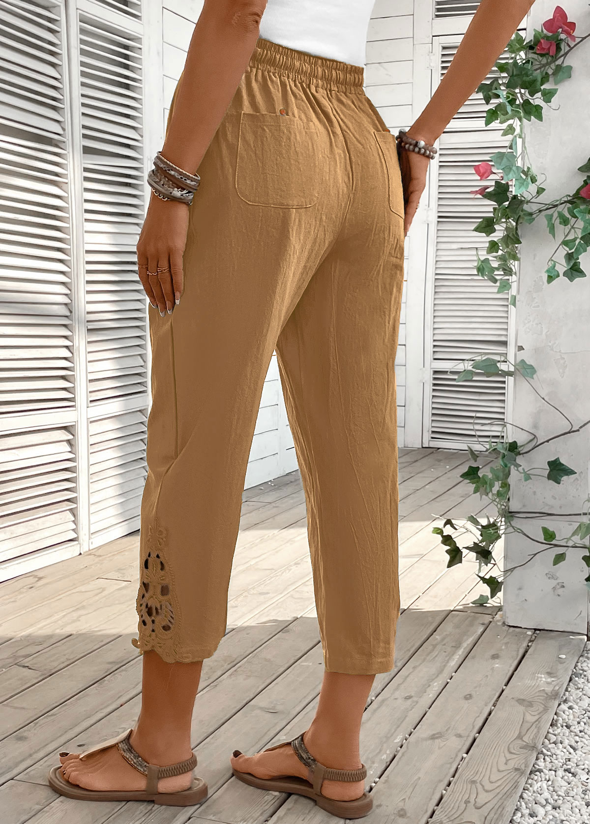 Light Camel bottoms,Plain Color bottoms,Light Camel Straight Leg Elastic Waist High Waisted Pants