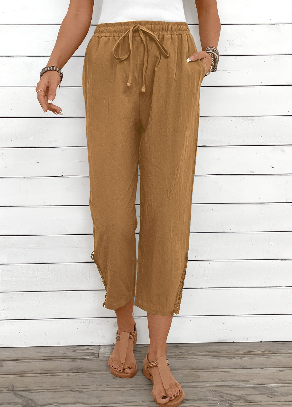 Light Camel bottoms,Plain Color bottoms,Light Camel Straight Leg Elastic Waist High Waisted Pants