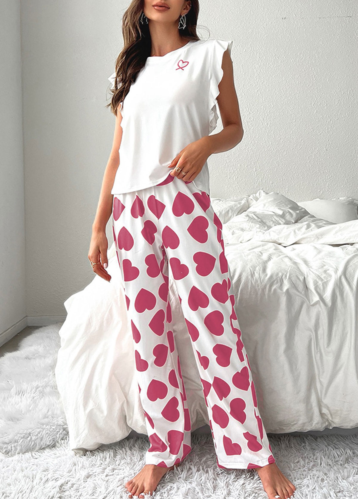 Pink loungewear,Heart loungewear,Heart Print Pink Round Neck Lounge Top and Pants