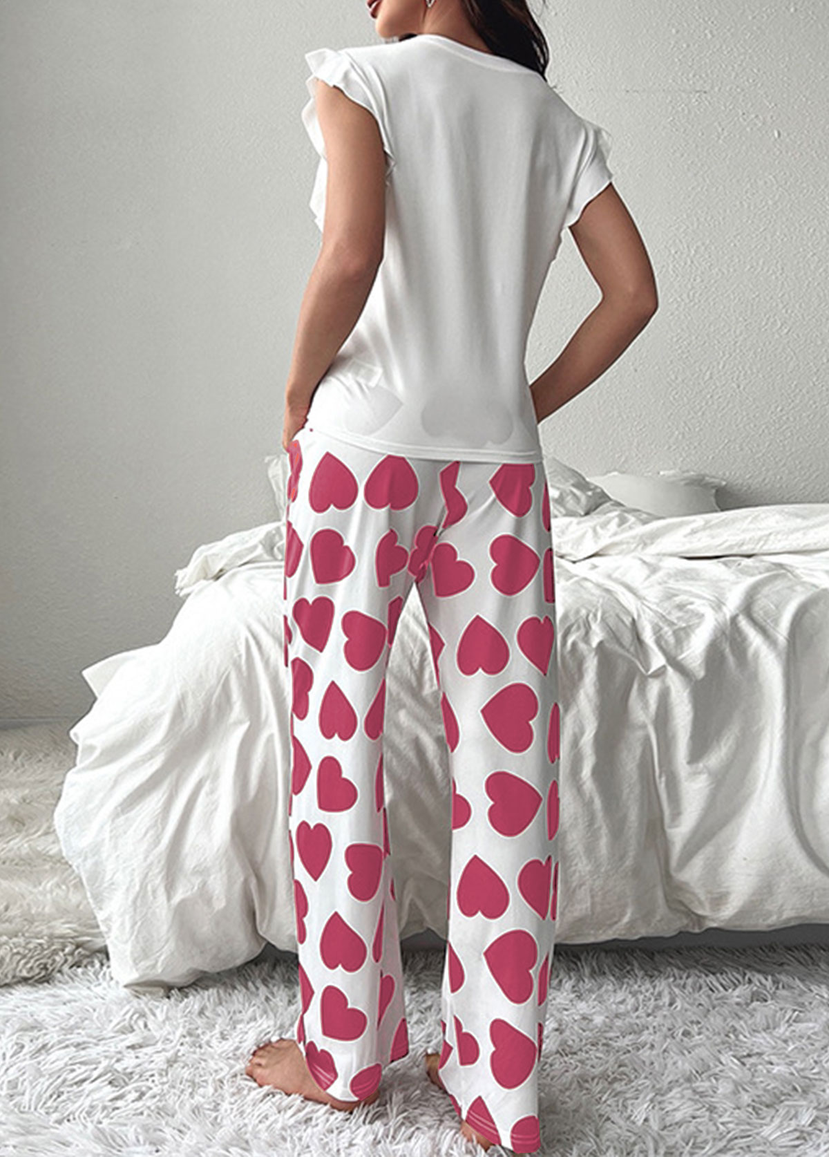 Pink loungewear,Heart loungewear,Heart Print Pink Round Neck Lounge Top and Pants