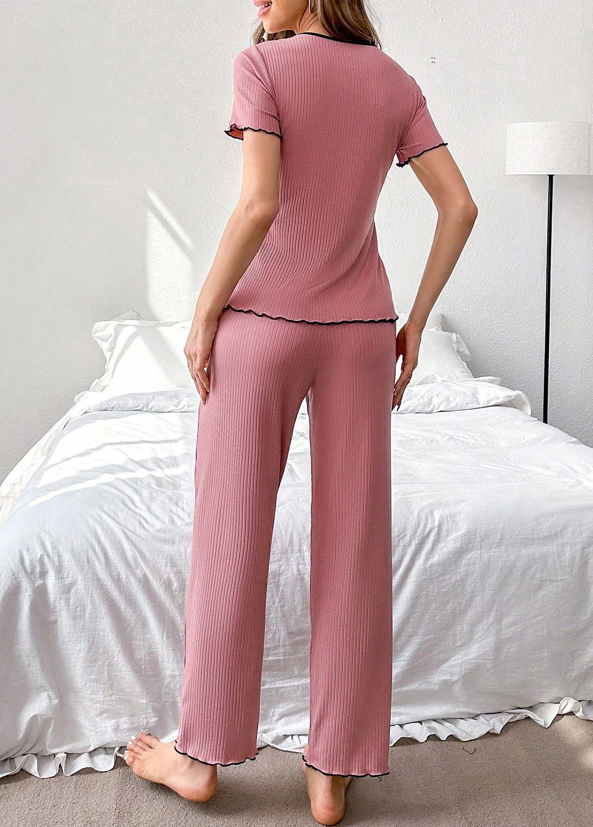 Pink loungewear,Contrast Color loungewear,Pink Tie Collar Short Sleeve Lounge Top and Pants