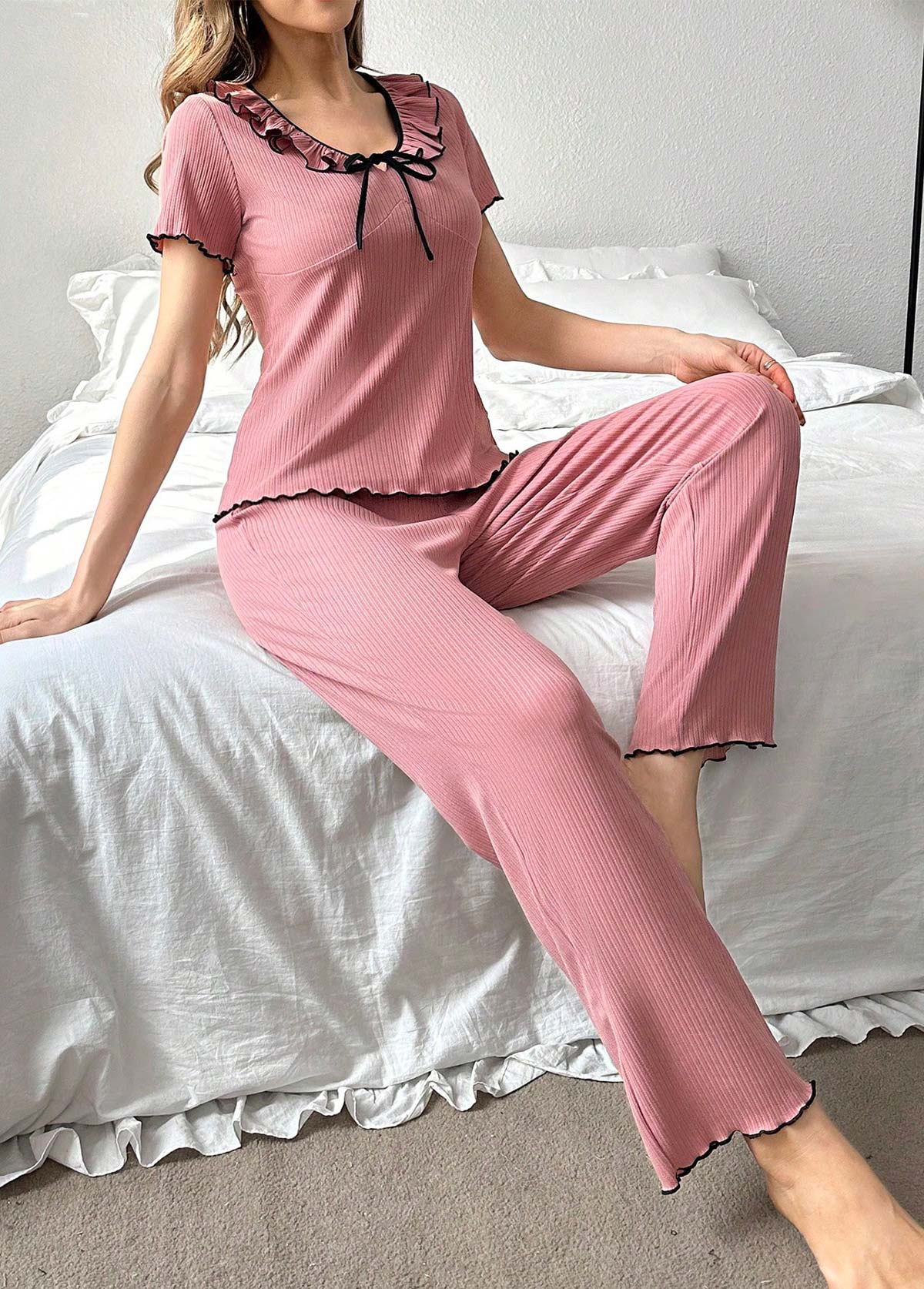 Pink loungewear,Contrast Color loungewear,Pink Tie Collar Short Sleeve Lounge Top and Pants
