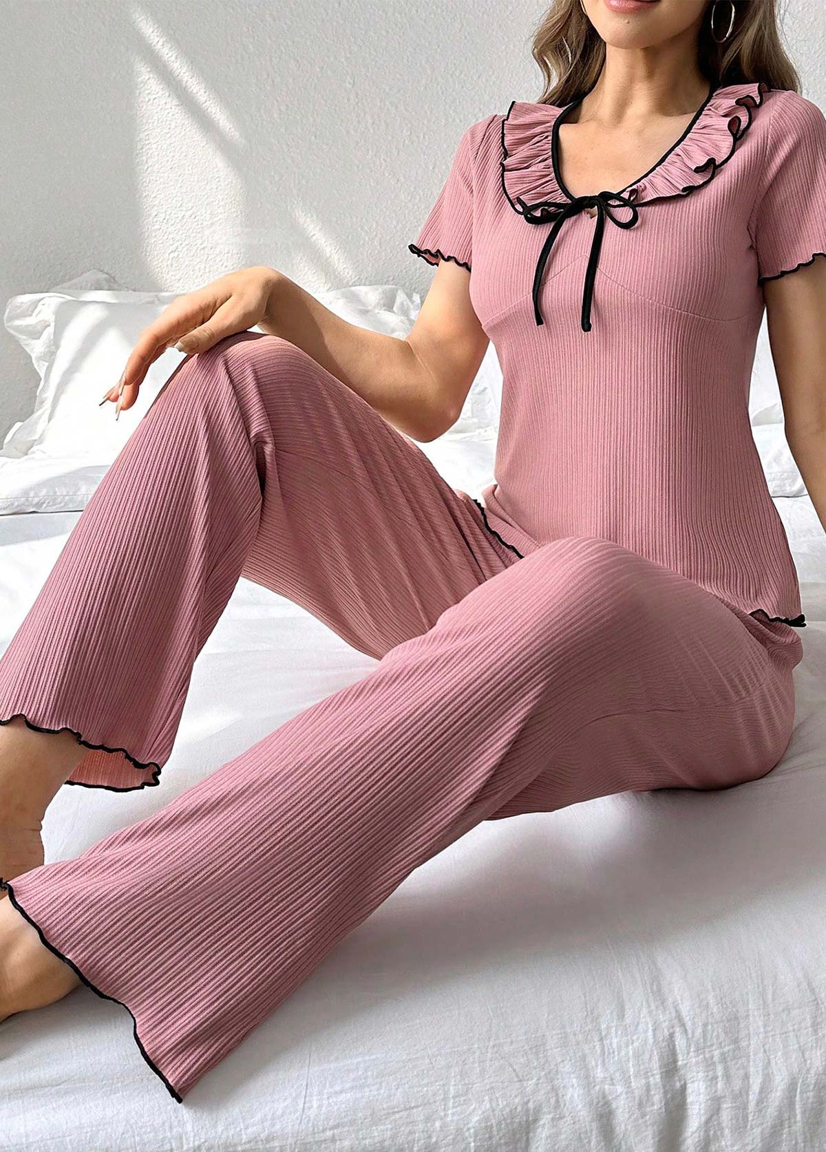 Pink loungewear,Contrast Color loungewear,Pink Tie Collar Short Sleeve Lounge Top and Pants
