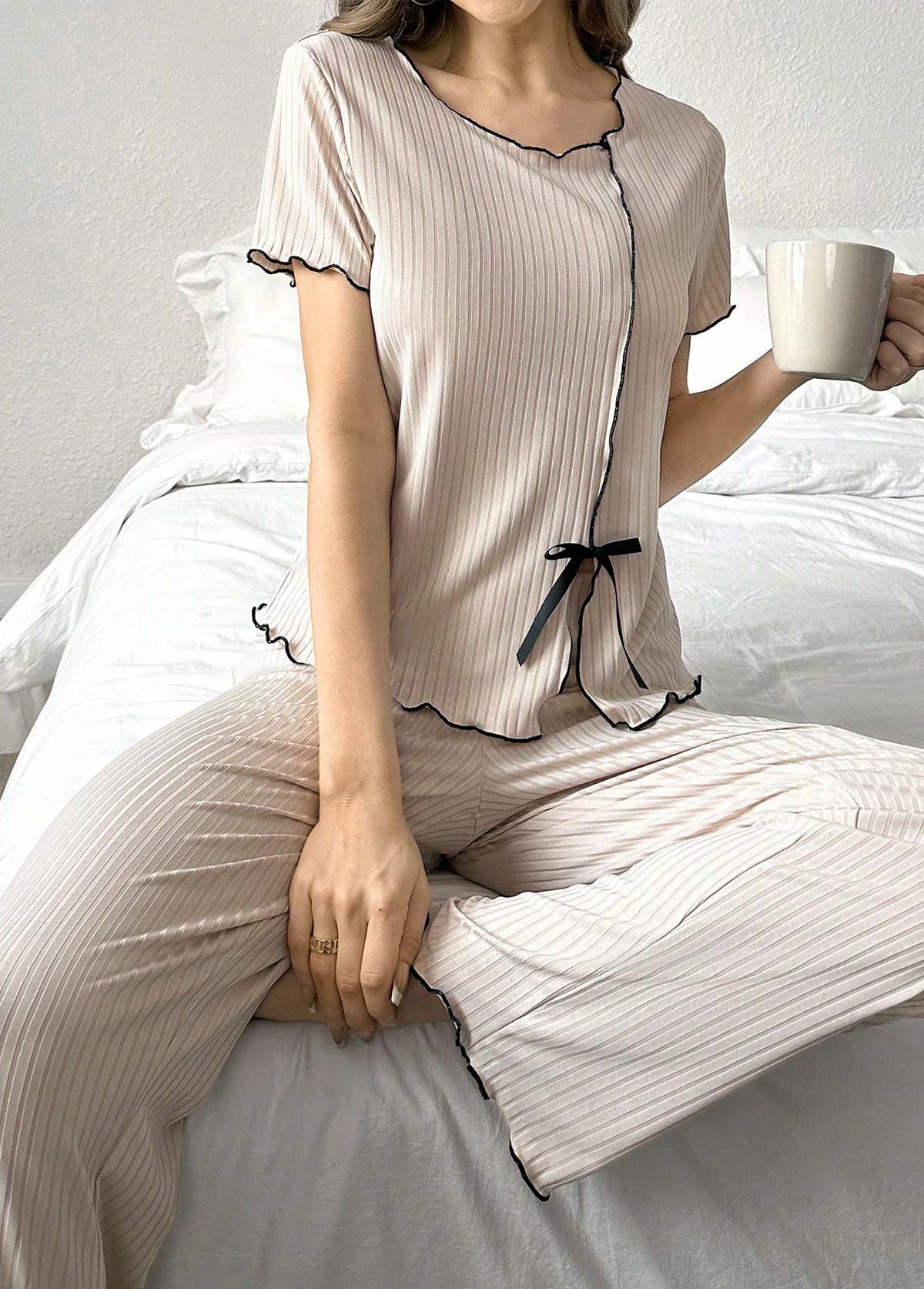 Beige loungewear,Contrast Color loungewear,Beige Round Neck Short Sleeve Lounge Top and Pants
