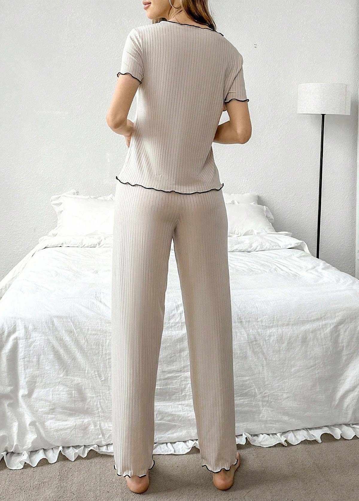 Beige loungewear,Contrast Color loungewear,Beige Round Neck Short Sleeve Lounge Top and Pants