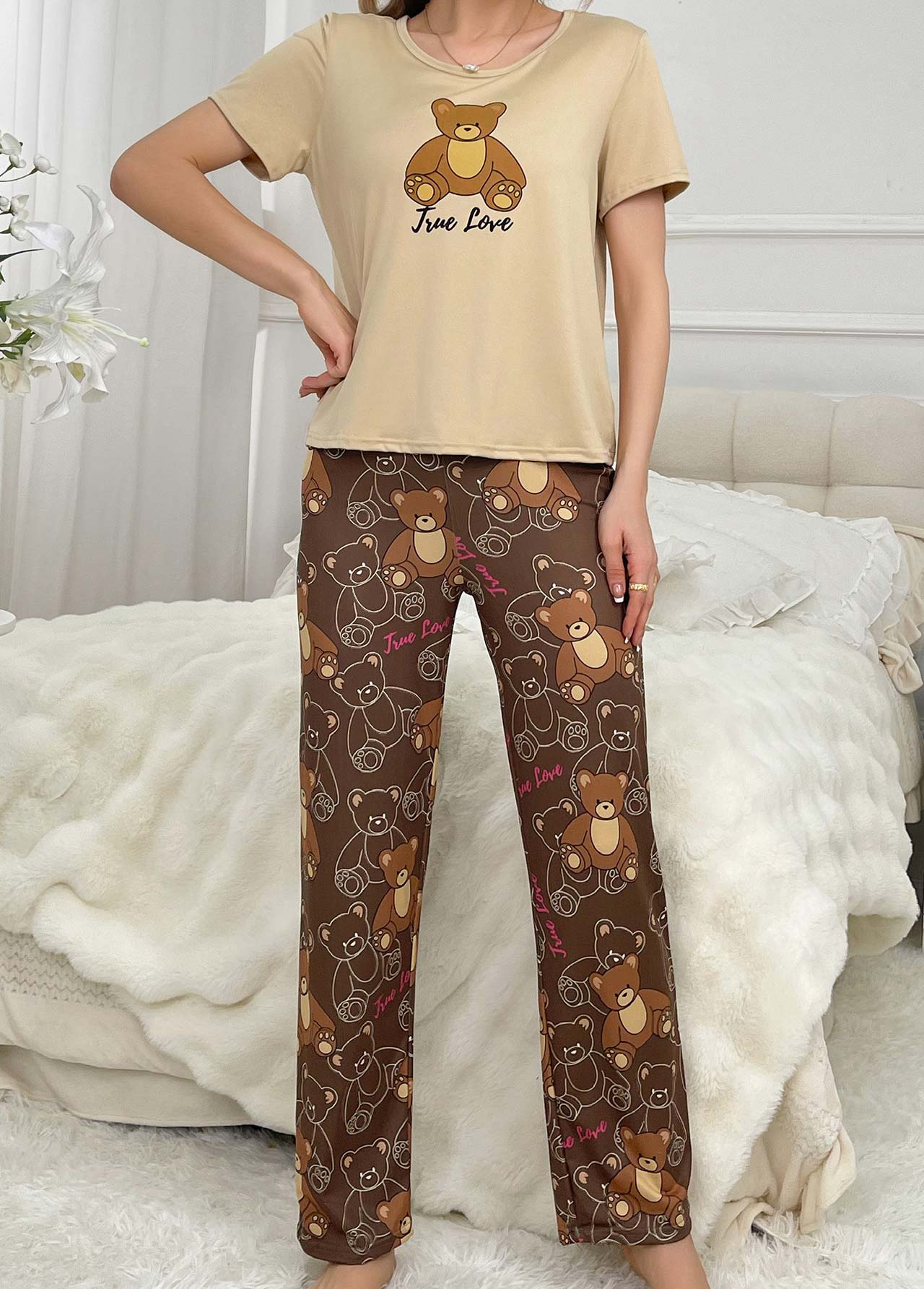 Light Camel loungewear,Contrast Color loungewear,Light Camel Round Neck Lounge Top and Pants