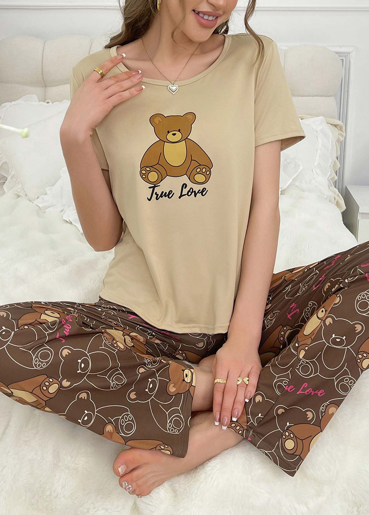 Light Camel loungewear,Contrast Color loungewear,Light Camel Round Neck Lounge Top and Pants