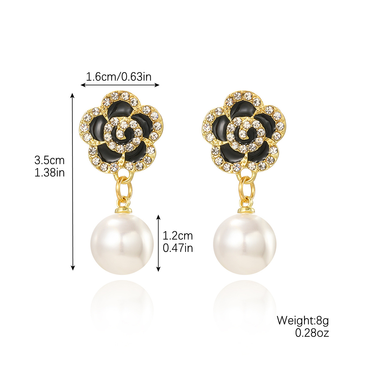 Black jewelry,Floral jewelry,Plants jewelry,Black Alloy Pearl Detail Petals Earrings