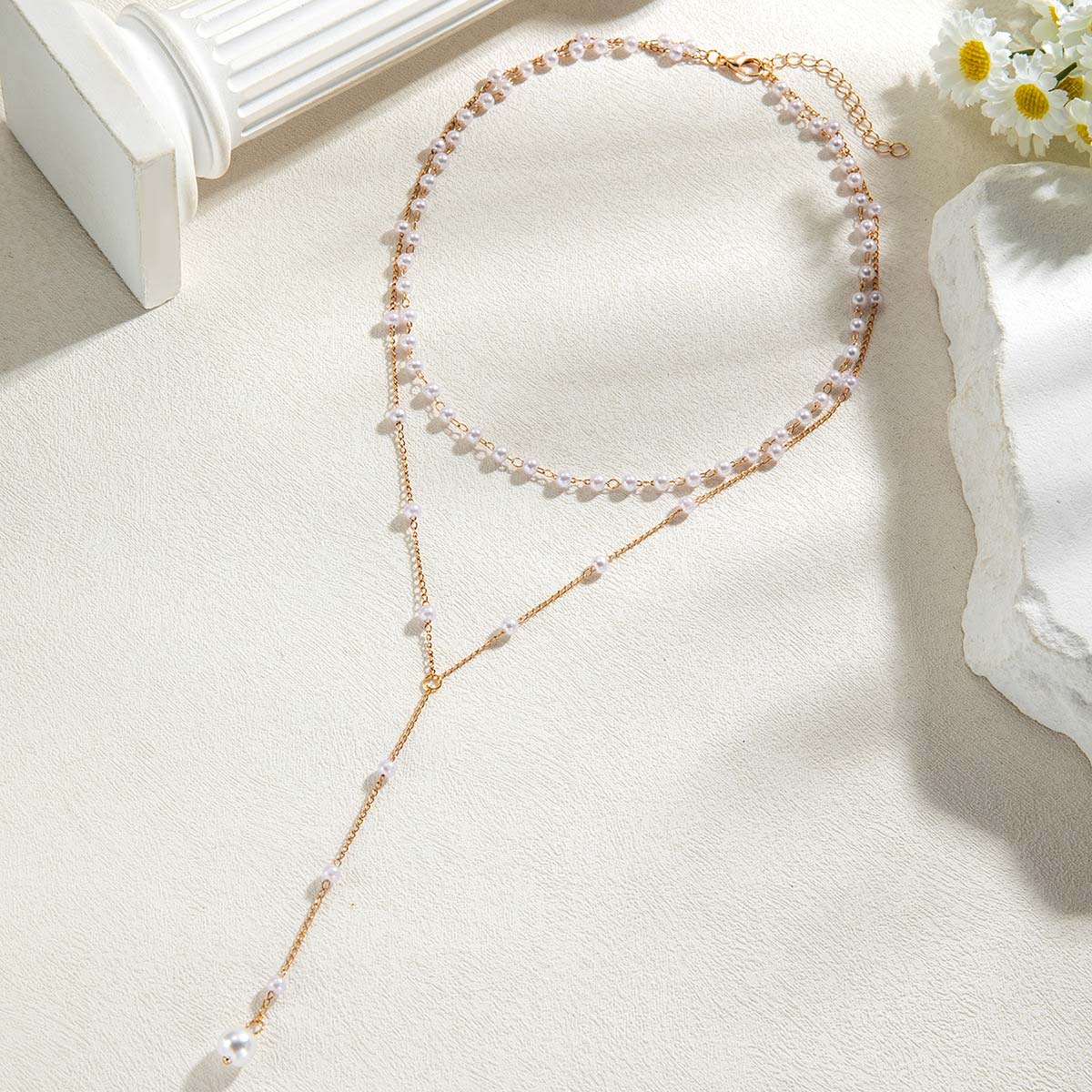 Golden jewelry,Golden Color Alloy Detail Pearl Necklace