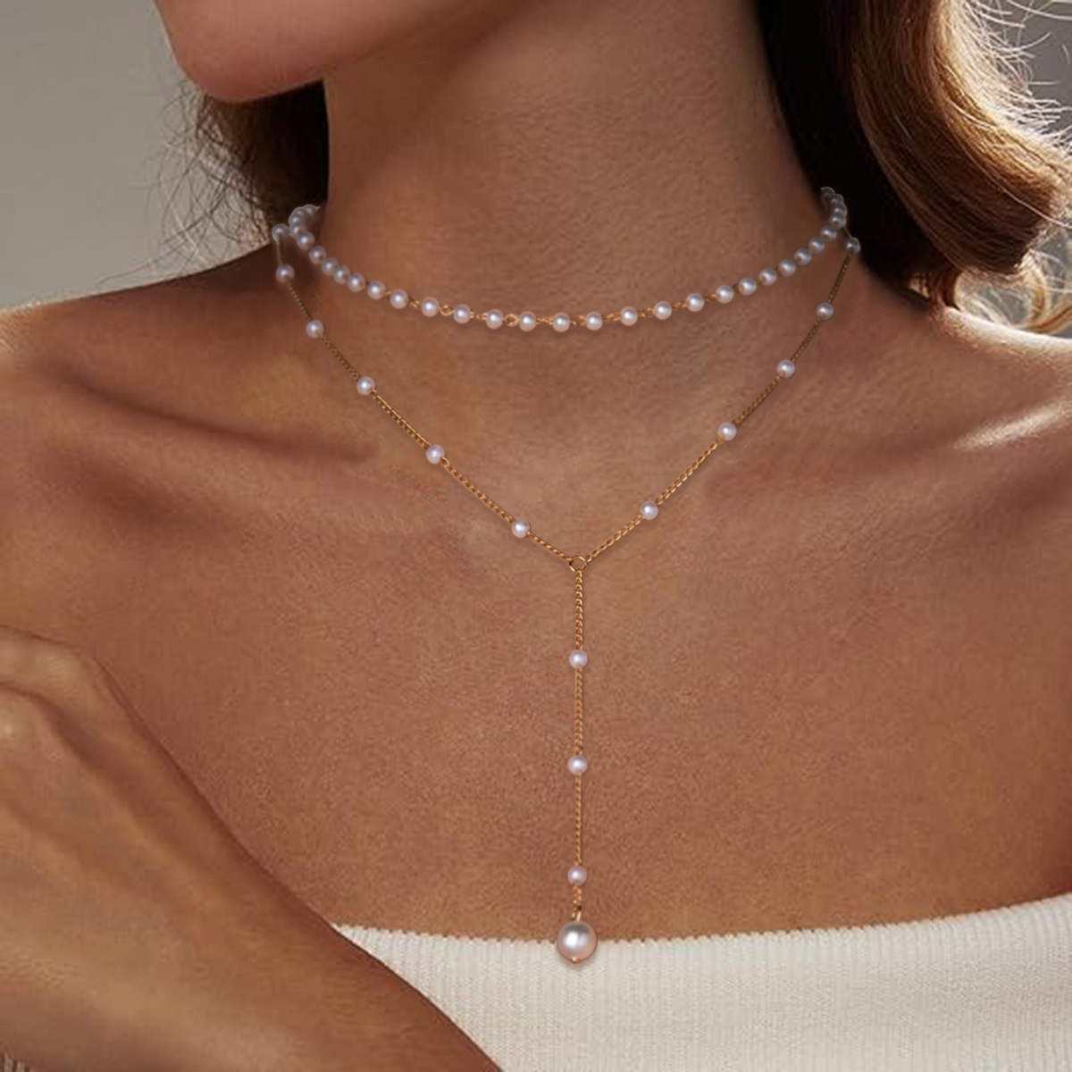 Golden jewelry,Golden Color Alloy Detail Pearl Necklace