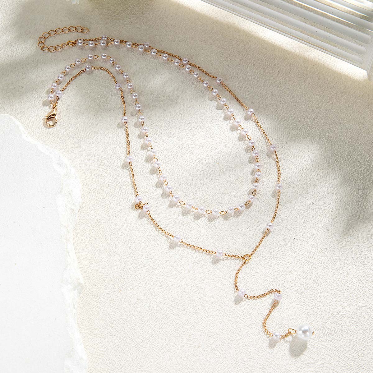 Golden jewelry,Golden Color Alloy Detail Pearl Necklace