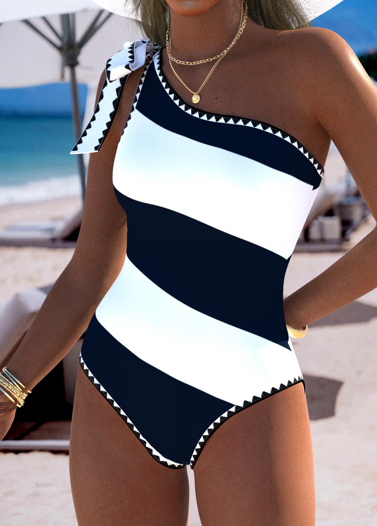 Black swimwear,White swimwear,Striped swimwear,Geometric swimwear,ROTITA Black Striped High Elasticity One Piece Swimwear