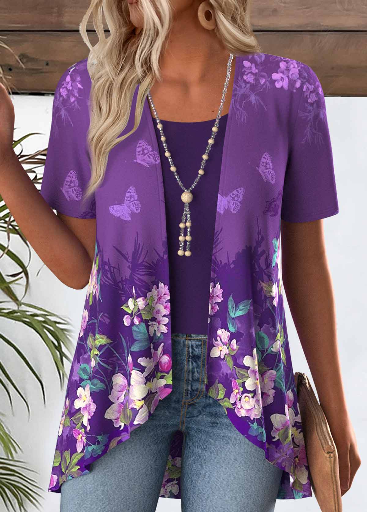 Purple tops,Ombre tops,ROTITA Ombre Purple Short Sleeve Fake Two Piece Twinset