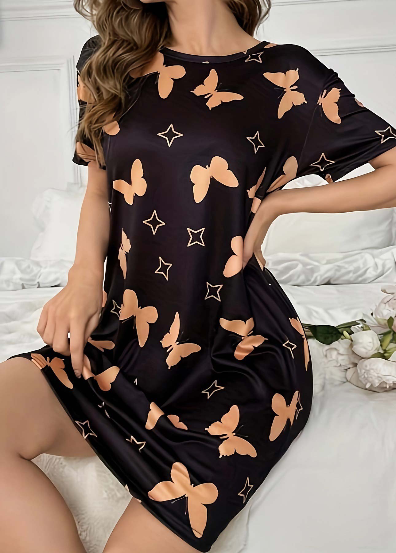 Black loungewear,Animal Print loungewear,Animal Print Black Round Neck Short Sleeve Nightdress