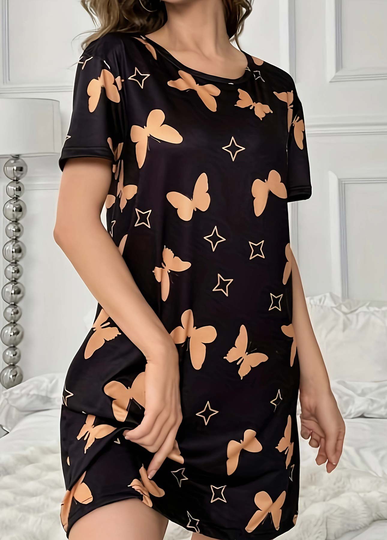 Black loungewear,Animal Print loungewear,Animal Print Black Round Neck Short Sleeve Nightdress