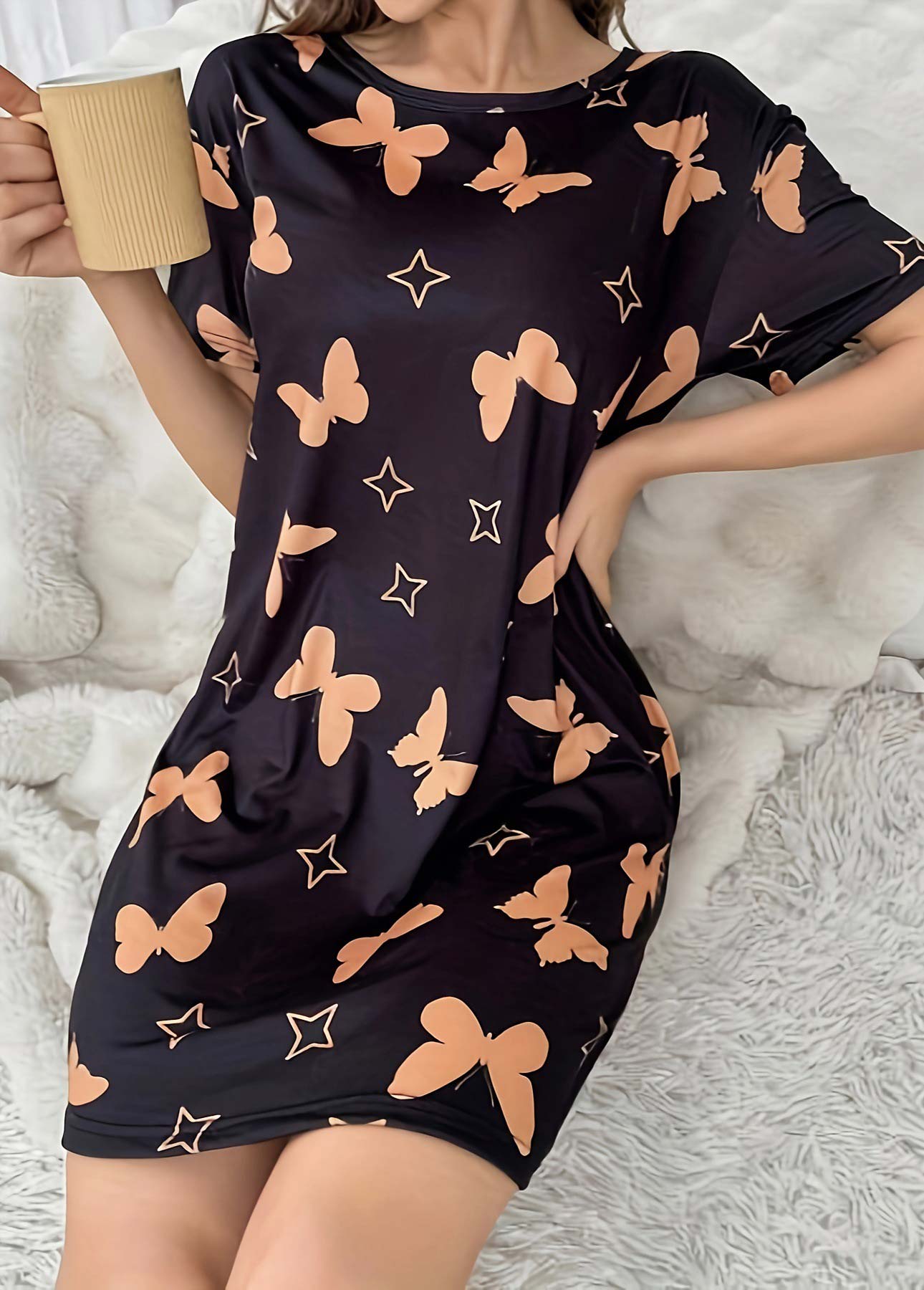 Black loungewear,Animal Print loungewear,Animal Print Black Round Neck Short Sleeve Nightdress