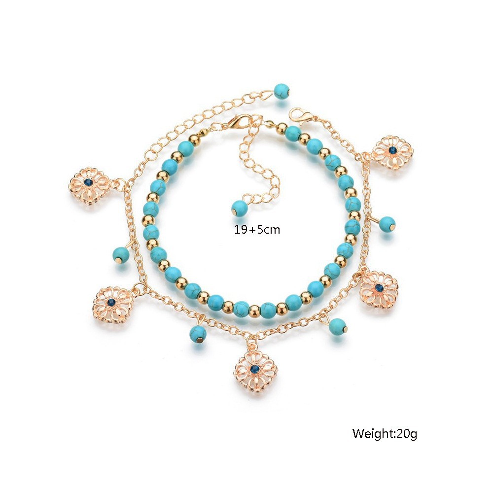 Turquoise jewelry,Geometric jewelry,Turquoise Beaded Hollow Alloy Anklet Set