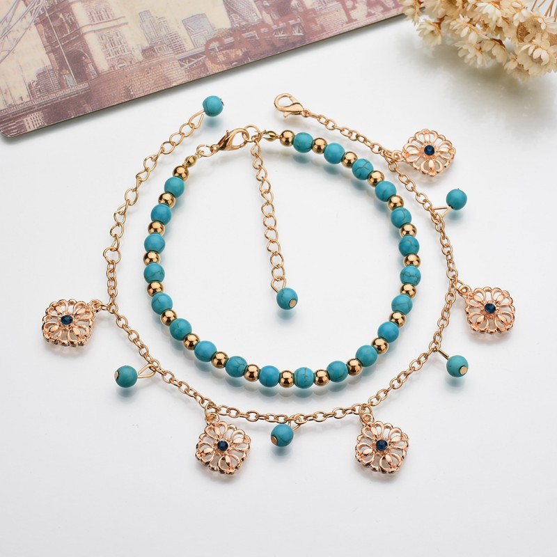 Turquoise jewelry,Geometric jewelry,Turquoise Beaded Hollow Alloy Anklet Set