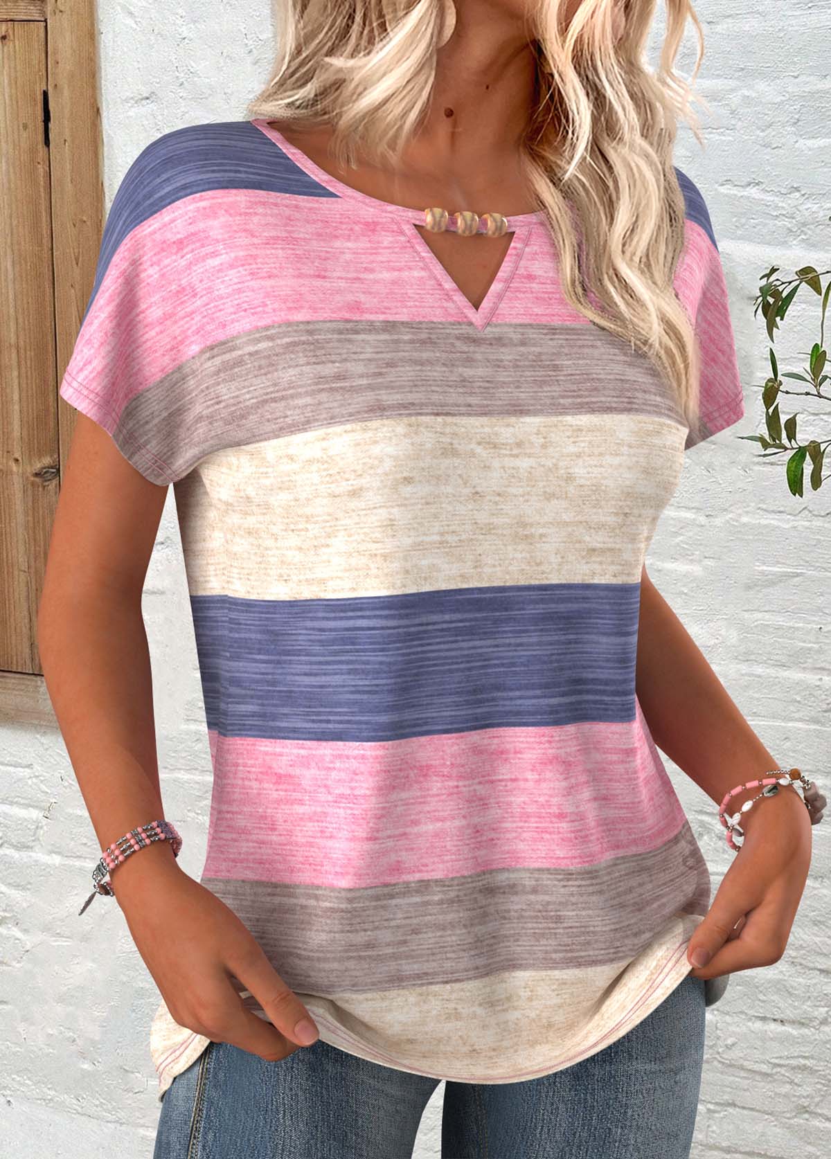 Multi Color tops,Striped tops,Geometric tops,ROTITA Striped Multi Color Round Neck Short Sleeve T Shirt